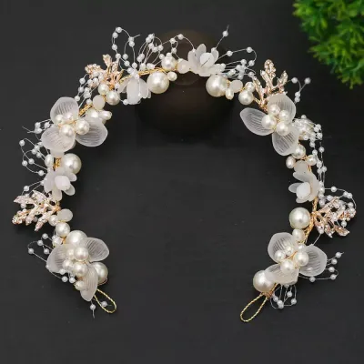 Crystal Leaf Floral Design Pearl Beaded Hair Band